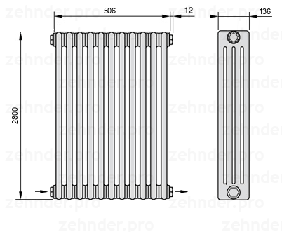 Схема (чертеж) Радиатор Zehnder Charleston 4280/11 №2670 Белый глянцевый RAL 9016